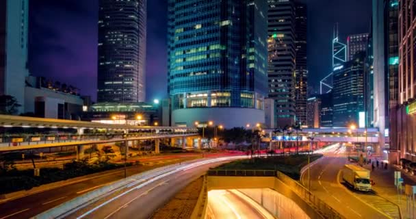 Traffico Stradale Hong Kong Durante Notte Edifici Uffici Grattacieli Trafficato — Video Stock