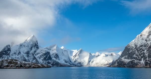 Timelapse Fiorde Norueguês Montanhas Litl Toppoya Moskenes Lofoten Islands Noruega — Vídeo de Stock
