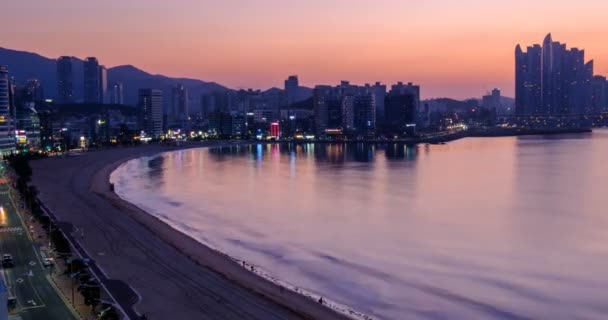Gwangalli Beach Busan Nacht Tag Sonnenaufgang Zeitraffer Südkorea Luftaufnahme — Stockvideo