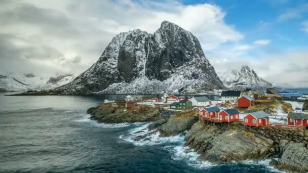 Timelapse Van Beroemde Iconische Traditionele Vissersdorp Hamnoy Lofoten Eilanden Noorwegen — Stockvideo