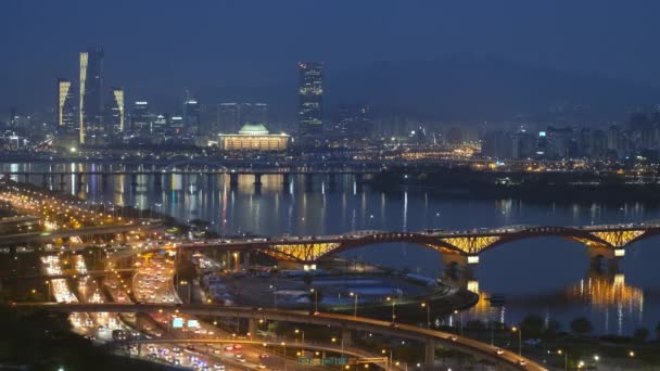 Luchtfoto Van Seoul Centrum Stadsgezicht Seongsan Brug Rivier Van Han — Stockvideo