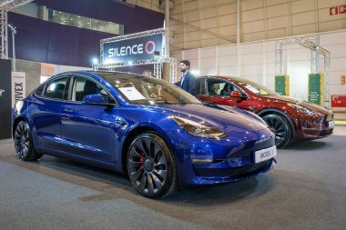 Lizbon, Portekiz - 12 Mayıs 2023: Tesla Model 3 ve Model Y elektrikli araba ECAR Show 'da sergileniyor - Hybrid ve Electric Motor Show