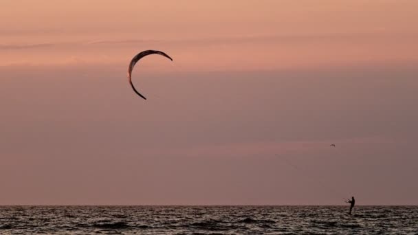Foiling Kitesurf Kitesurf Kitesurfer Silhouette Dans Océan Atlantique Coucher Soleil — Video