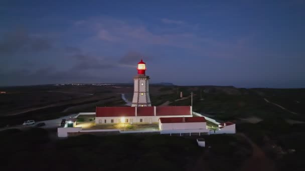 Vista Aérea Farol Cabo Espichel Capa Espichel Oceano Atlântico Noite — Vídeo de Stock