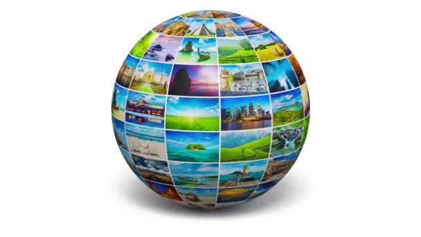 Global Travel Media World Globe Concept Esfera Giratoria Con Imágenes — Vídeos de Stock
