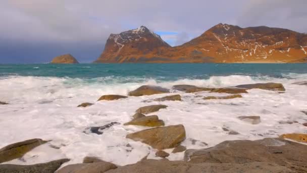 Norvég Tenger Sziklás Strand Lofoten Szigetek Norvégia — Stock videók