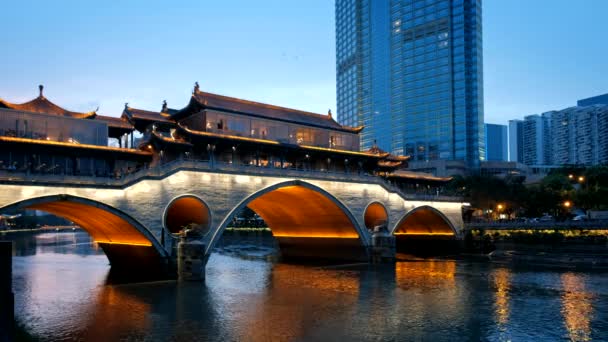Puente Anshun Sobre Río Jin Iluminado Por Noche Chengdue Sichuan — Vídeo de stock