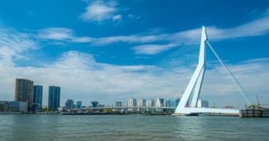 Rotterdam şehir manzarası ve Nieuwe Maas üzerindeki Erasmus köprüsü. Rotterdam, Hollanda