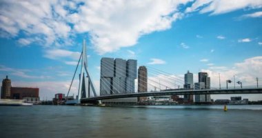 Rotterdam şehir manzarası ve Nieuwe Maas nehri üzerindeki Erasmusbrug köprüsü. Rotterdam, Hollanda