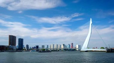 Rotterdam şehir manzarası ve Nieuwe Maas üzerindeki Erasmus köprüsü. Rotterdam, Hollanda