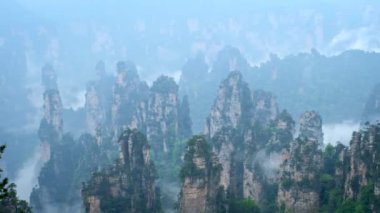 Çin - Zhangjiajie taş ünlü turistik uçurum Dağları sis bulutları Wulingyuan, Hunan, Çin, sütun. Kamera pan ile