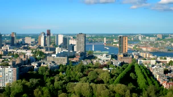 鹿特丹市和Erasmus桥的景观来自欧洲马斯特的Nieuwe Maas河上的Erasmusbrug 带着相机喘气 — 图库视频影像