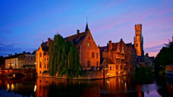 Famous View Bruges Tourist Landmark Attraction Rozenhoedkaai Canal Belfry Old — Stock Video