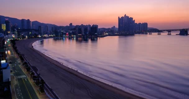 Gwangalli Beach Busan Natt Till Dag Soluppgång Timelapse Sydkorea Flygbild — Stockvideo