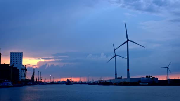 Turbinas Eólicas Porto Antuérpia Noite Antuérpia Bélgica — Vídeo de Stock