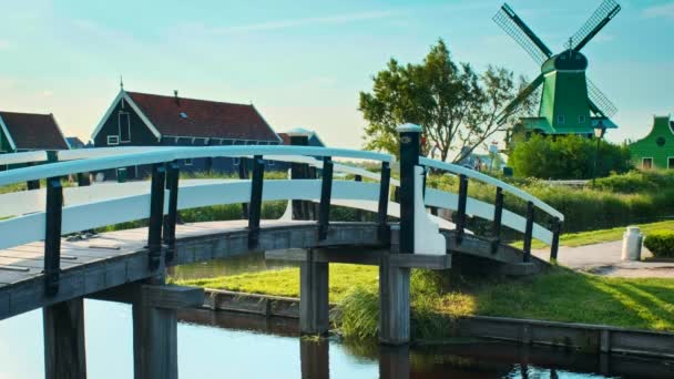 Нідерландський Сільський Пейзаж Мостом Через Канал Вітряних Млинах Відомому Туристичному — стокове відео