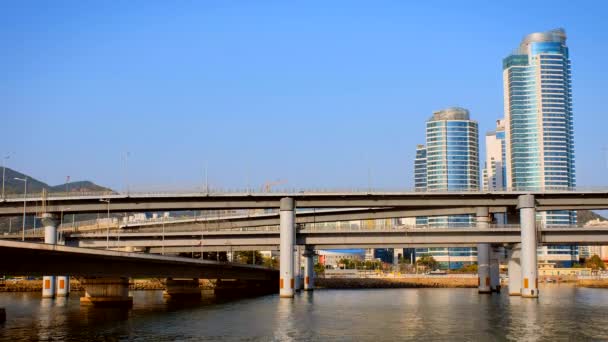 Busan Marine City Skyskrapor Och Gwangan Bridge Sydkorea — Stockvideo