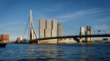 Rotterdam şehir manzarası ve gün batımında Nieuwe Maas üzerindeki Erasmus köprüsü. Rotterdam, Hollanda