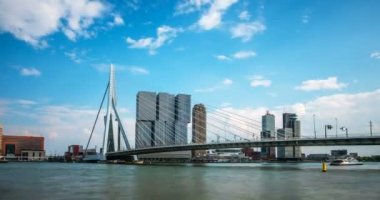 Rotterdam şehir manzarası ve Nieuwe Maas üzerindeki Erasmus köprüsü. Rotterdam, Hollanda. Kamera yakınlaştır