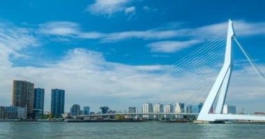Rotterdam şehir manzarası ve Nieuwe Maas üzerindeki Erasmus köprüsü. Rotterdam, Hollanda. Kamera kaydıyla