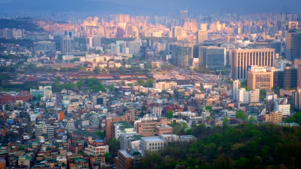 Stadtbild Stadtzentrum Von Seoul Und Gyeongbokgung Palast Bei Sonnenuntergang Vom — Stockvideo