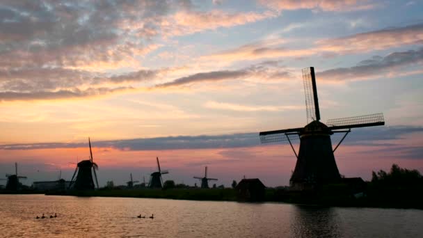 Moinhos Vento Famoso Local Turístico Kinderdijk Holanda Pôr Sol Com — Vídeo de Stock