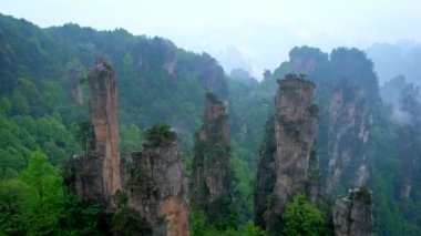 Çin 'in ünlü turistik merkezi - Zhangjiajie taş sütunları Wulingyuan, Hunan, Çin' deki sis bulutları içinde uçurum tepeleri