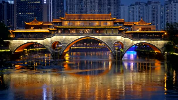 Most Anshun Nad Rzeką Jin Oświetlony Nocy Syczuan Chiny — Wideo stockowe