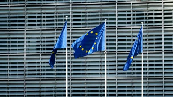 Флаги Европейского Союза Перед Зданием Берлеймонта Штаб Квартира Европейской Комиссии — стоковое видео