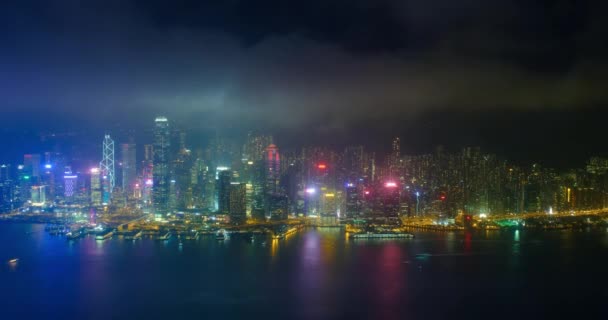 Aerial Timelapse Illuminated Hong Kong Skyline Cityscape Downtown Rascacielos Sobre — Vídeos de Stock
