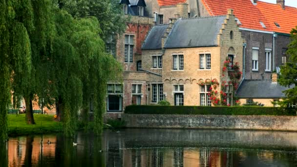 ベルギーのブルージュの有名な観光都市の古い家と運河 — ストック動画