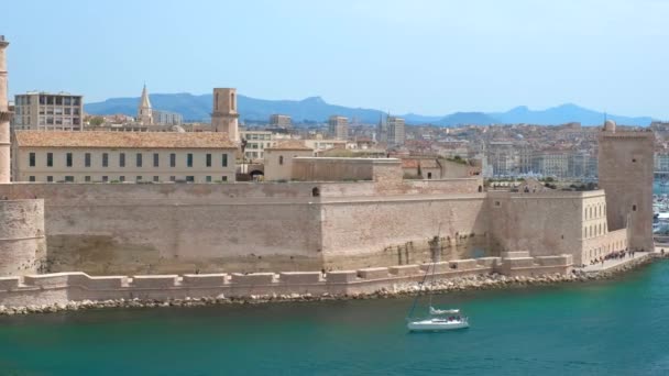 Лодки Старом Порту Марселя Vieux Port Marseille Форте Сен Жан — стоковое видео