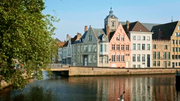 Oude Huizen Gracht Beroemde Toeristische Stad Brugge Brugge Bij Zonsondergang — Stockvideo