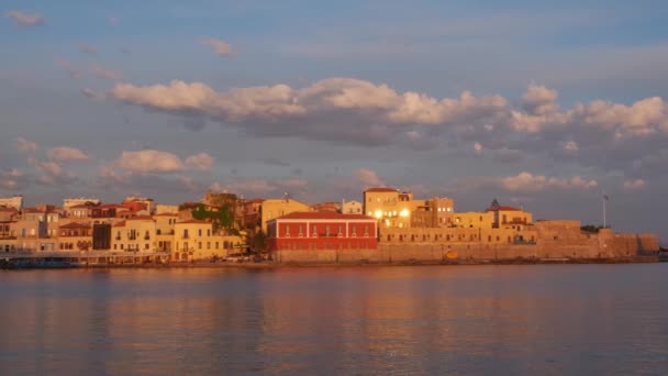 Resimli Eski Chania Limanı Girit Adasının Şafak Vakti Turistik Beldelerinden — Stok video