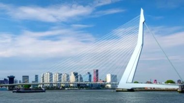 Rotterdam şehir manzarası ve Nieuwe Maas üzerindeki Erasmus köprüsü. Rotterdam, Hollanda. Kamera uzaklaşma efekti