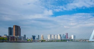 Rotterdam şehir manzarası ve Nieuwe Maas üzerindeki Erasmus köprüsü. Rotterdam, Hollanda. Kamera döndürme