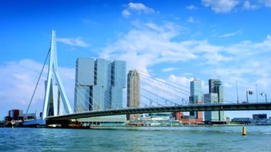 Rotterdam şehri ve Nieuwe Maas üzerindeki Erasmus köprüsü. Rotterdam, Hollanda