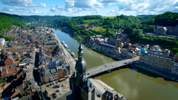 Flygfoto Dinant Stad Collegiate Church Notre Dame Dinant River Meuse — Stockvideo