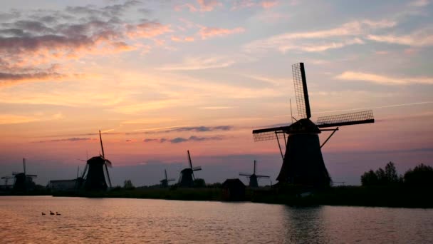 Väderkvarnar Den Berömda Turistanläggningen Kinderdijk Holland Vid Solnedgången Med Dramatisk — Stockvideo