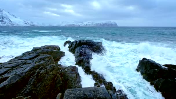 Hullámok Norvég Tenger Sziklás Partján Fjord Zúzás Vikten Lofoten Szigetek — Stock videók