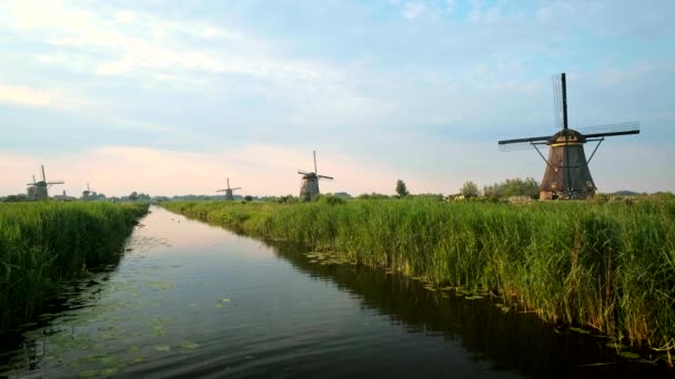 Windmolens Bij Beroemde Kinderdijk Bij Zonsondergang Kinderdijk Nederland — Stockvideo