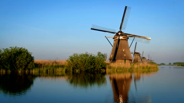 Wiatraki Słynnym Miejscu Turystycznym Kinderdijk Holandii Zachodzie Słońca Kinderdijk Holandia — Wideo stockowe