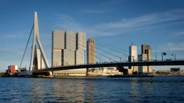 Rotterdamin Kaupunkimaisema Erasmus Silta Nieuwe Maasin Yllä Auringonlaskun Aikaan Rotterdam — kuvapankkivideo