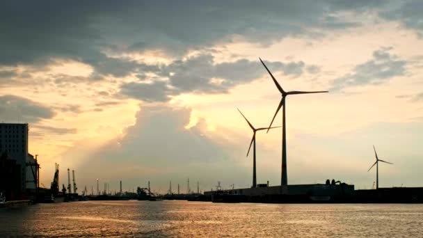Turbiny Wiatrowe Porcie Antwerpii Zachodzie Słońca Antwerpia Belgia — Wideo stockowe