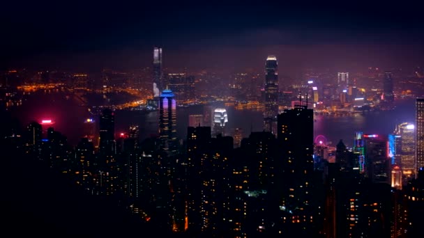 Paisaje Urbano Hong Kong Rascacielos Del Centro Victoria Peak Noche — Vídeos de Stock
