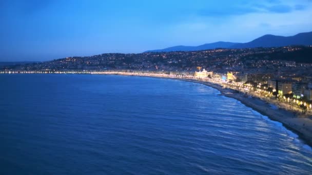 Szenische Ansicht Von Nizza Frankreich Abendlicher Blauer Stunde Die Wellen — Stockvideo