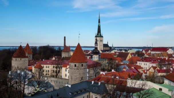 Timelapse Van Luchtfoto Van Tallinn Middeleeuwse Oude Stad Dag Met — Stockvideo