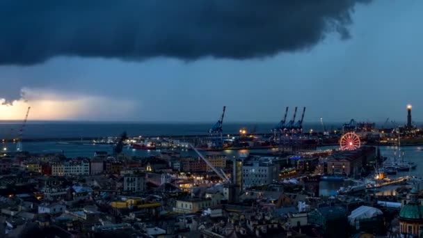 Timelapse Soir Port Gênes Gênes Italie Avec Orage Éclairs Panneau — Video