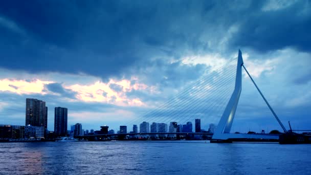 エラスムス ブリッジとロッテルダムのスカイラインが夜に照らされた ロッテルダム オランダ — ストック動画