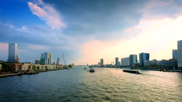 Näkymä Rotterdamin Kaupunkikuvaan Erasmus Sillalle Nieuwe Maas Joen Yli Laivoilla — kuvapankkivideo